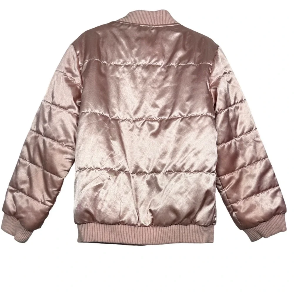 GAP Kids Rose Gold Satin Quilted Bomber Jacket Floral Embroidered Puffer, Small